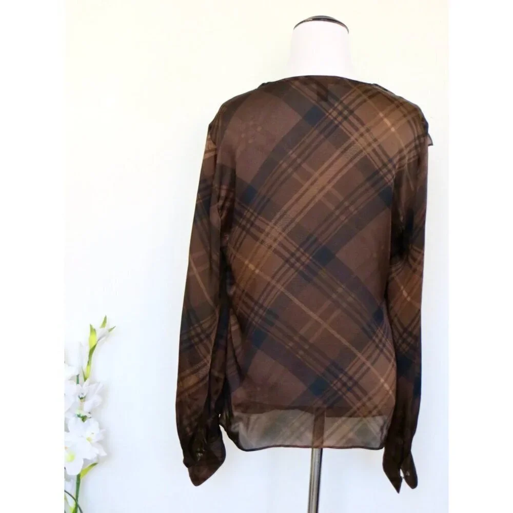 NEW! Lauren Ralph Lauren 100% Silk Wrap Blouse Plaid V-neck Ruffles Brown SZ 10